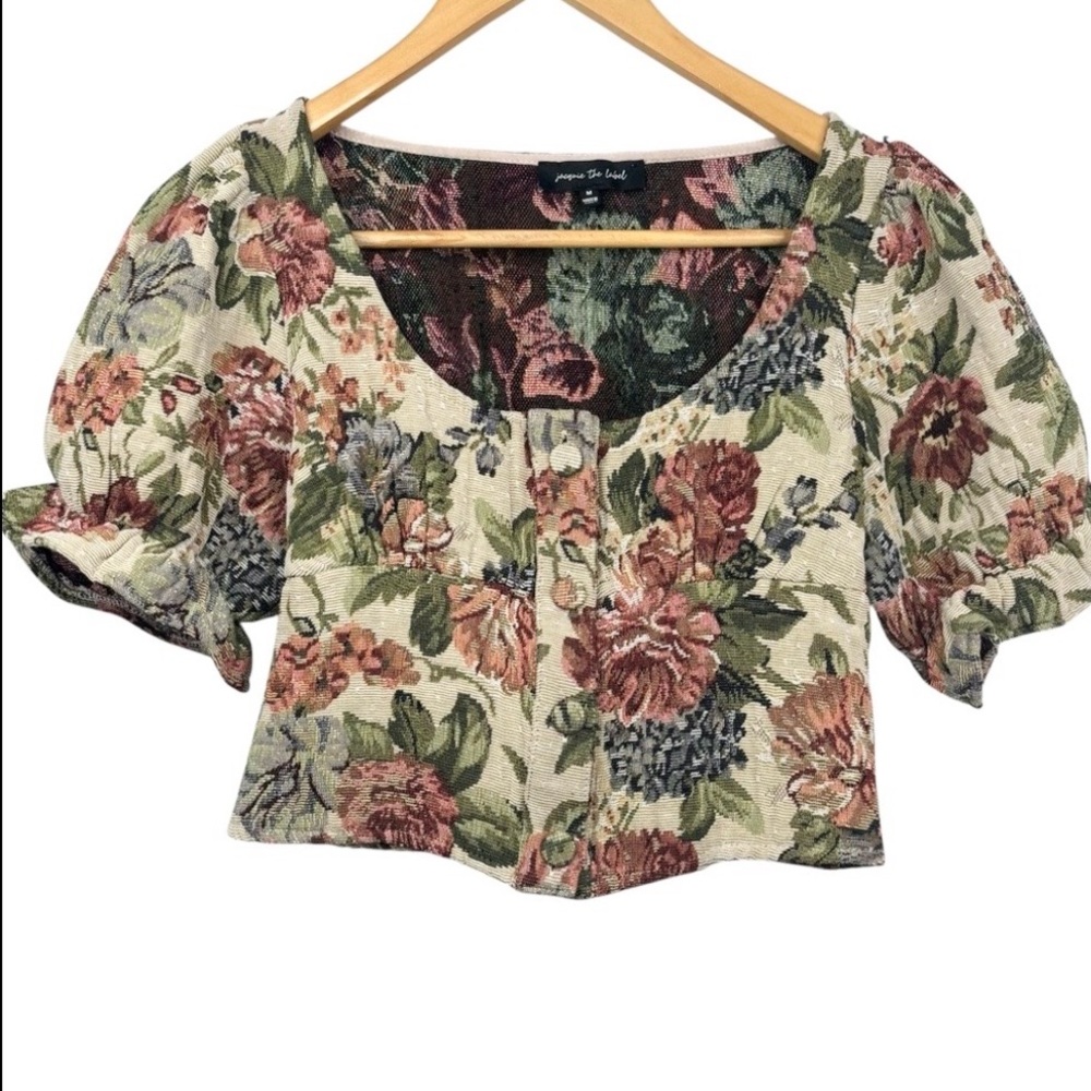 Jacquie The Label Floral Tapestry Puff Sleeve Button Up Square Neck Crop Top M